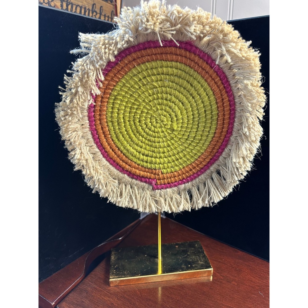 Bohemian Hand Woven Fiber‎ Art Sculpture Circular Jute Fringe Gold Stand Decor